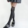Women Japanese Student Ribbed Knit Stretch Over Knee Long Socks Elegant Lace Splicing Ribbon Bows Thigh High Stockings