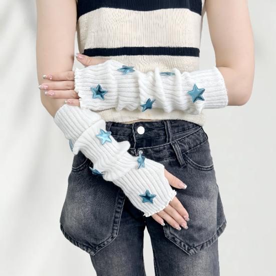 Knitted Arm Warmers Girls Fingerless Long Wrist Gloves Winter Star Arm Sleeves with Thumb Hole for Women Street Wear Parties