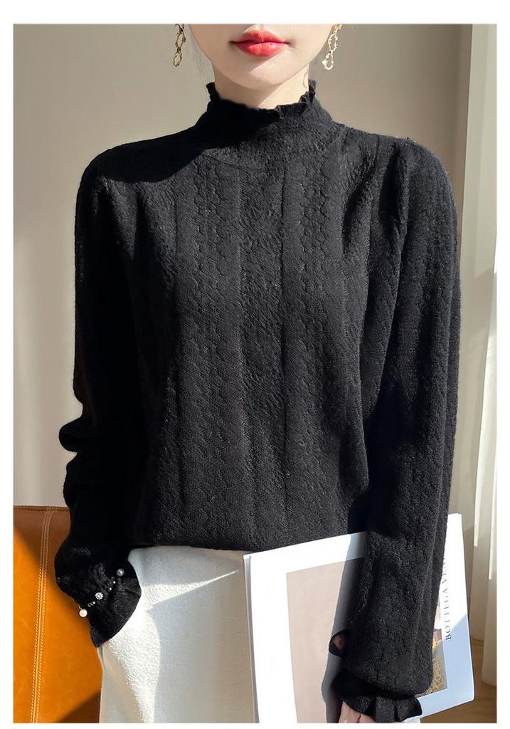 Women's Fine Wool Half-High Neck Lace Knit Sweater - New Autumn/Winter Thick Long Sleeve Top