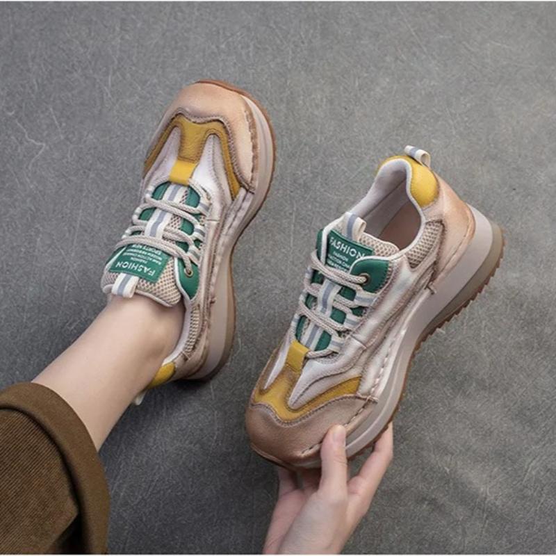 Johnature Thick Soled Mixed Colors Retro Genuine Leather Splicing Breathable Mesh Casual Sports Women's Shoes