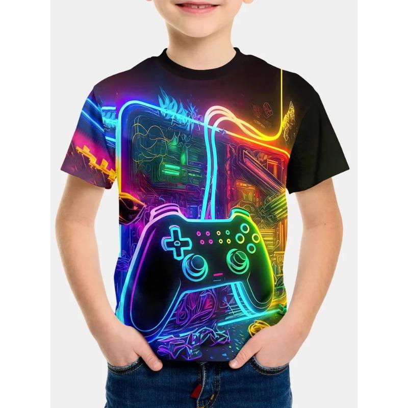 Game Console Themed Colorful Printed Fashionable Cool Boy T-shirt Creative Colorful Soft Comfortable Children's Short Sleeved T-shirt