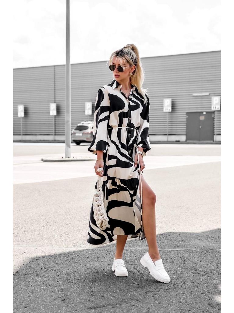 2025 European & American Spring/Autumn Fashion Print Long Shirt Dress with Tie-Up and Pockets