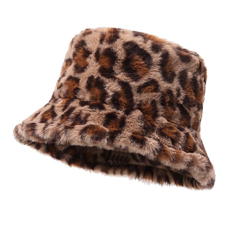 Ins Winter Display Face Small Plush Leopard Print Outdoor Sport Fisherman Bucket Hat Female Warm Hat хаки
