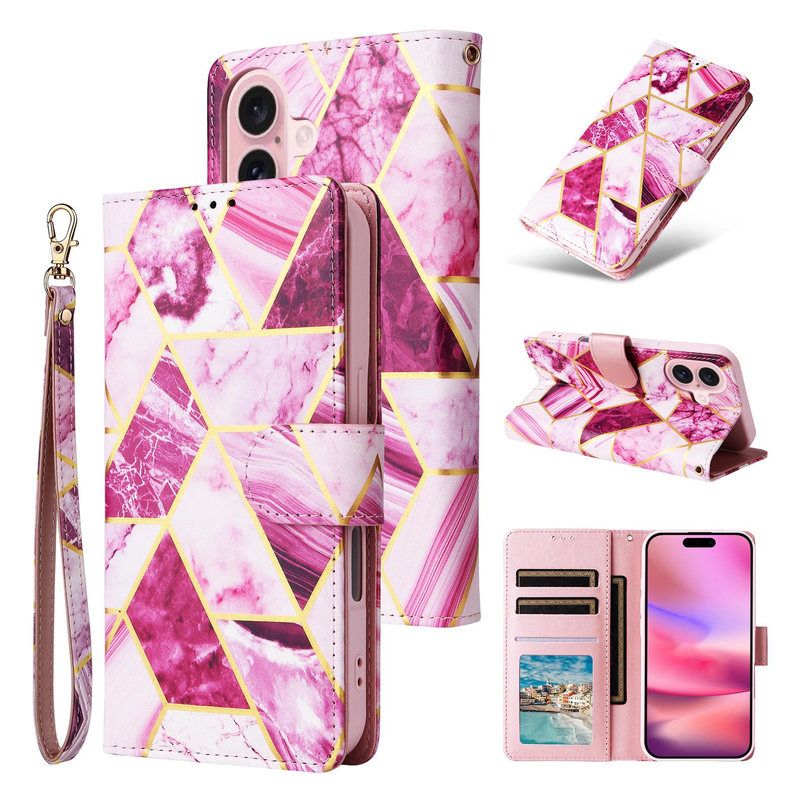 

For iPhone 17 Case Lacquered Marble Pattern Leather Phone Cover with Wrist Strap Purple