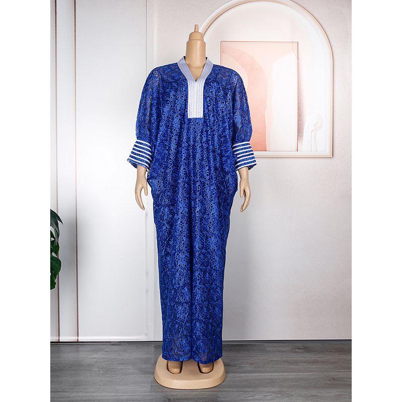 

Африканское кружево V-образный вырез рукав летучая мышь полосатые манжеты накидка жилет платье арабский халат комплект платья BLUE BLOUSE Free size