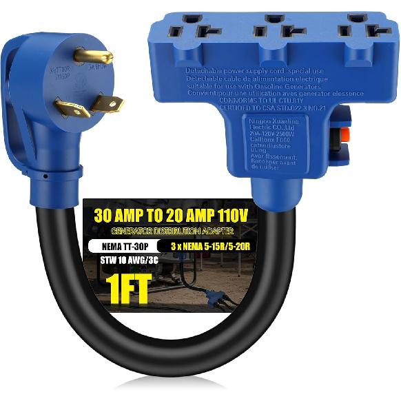 Kanayu Overload Protector 30 Amp to 110V RV Generator Distribution Adapter Cord Compatible with NEMA TT-30P to 3X 5-15R/5-20R, 30A to 15/20A,