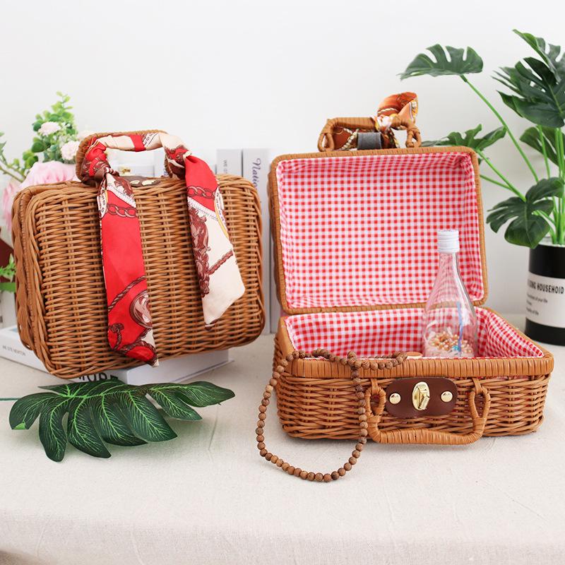 Vintage Rattan Woven Cosmetic & Souvenir Storage Basket Handbag