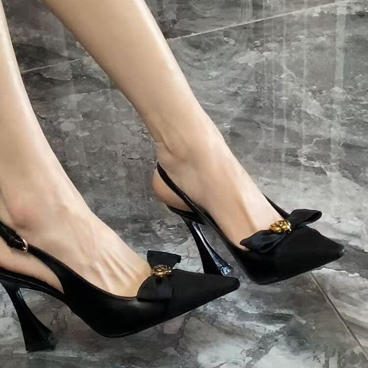 One-word Camellia Black Breathable High Heels Hollow with Thin Sandals Women's Bows Heightened Horseshoe Heels