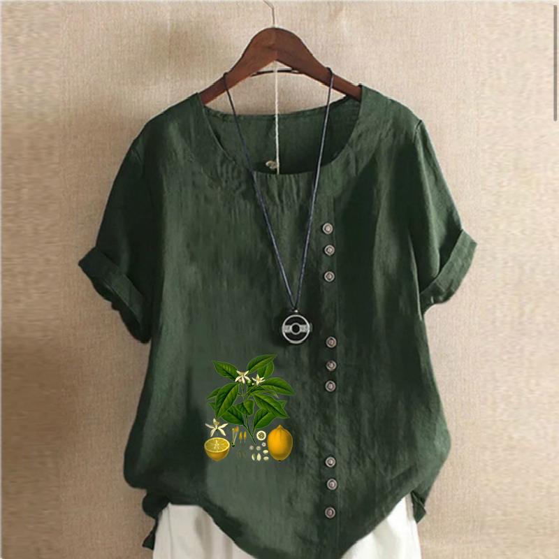 Women's Fashion Lemon Leaves Prined Round Neck Short Sleeve T-shirt Casual Cotton Linen Graphic Shirt Leisure Loose Summer Blouse Tops