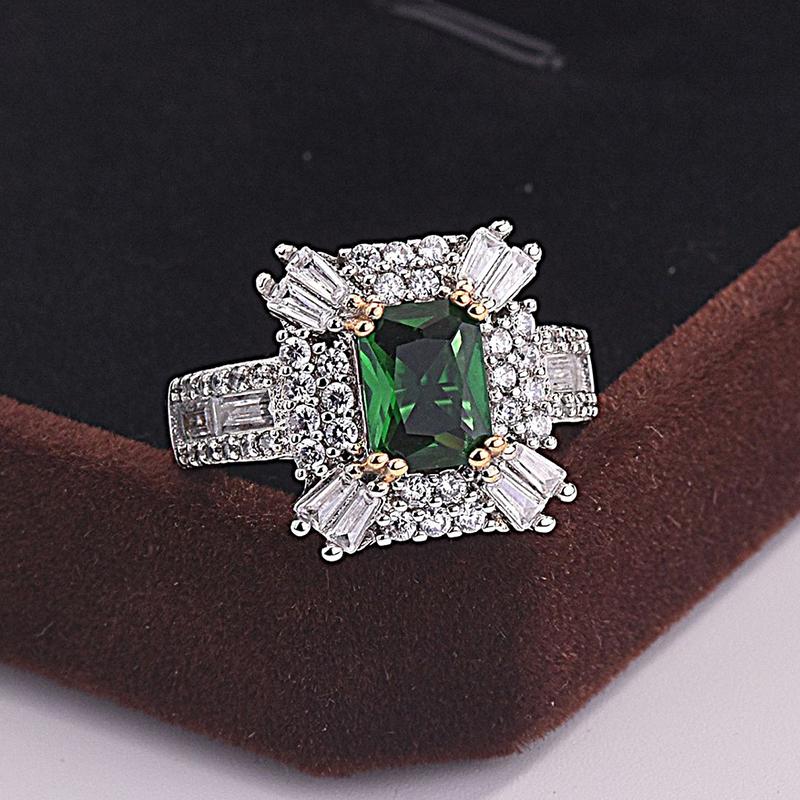 Huajie Charmante Grüne Quadratische Zirkonia Ringe für Damen Voll Besetzt Bling Bankett Party Damen Trend Welle