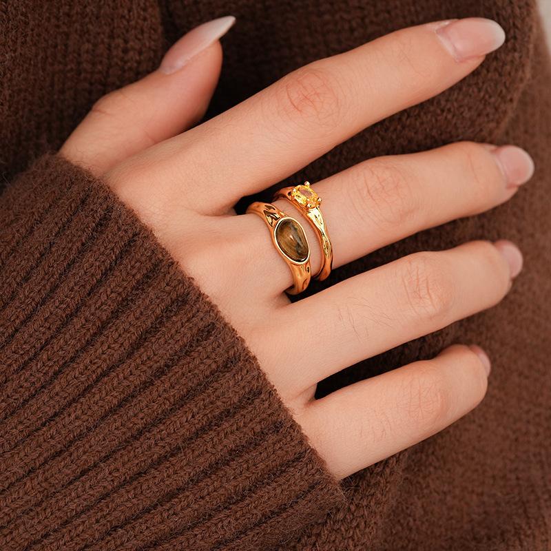 

Maillard Double-Layer Brown Stone Rings for Women Men Light Luxury Retro Gold Color Opening Rings Vacation Jewelry Accessories