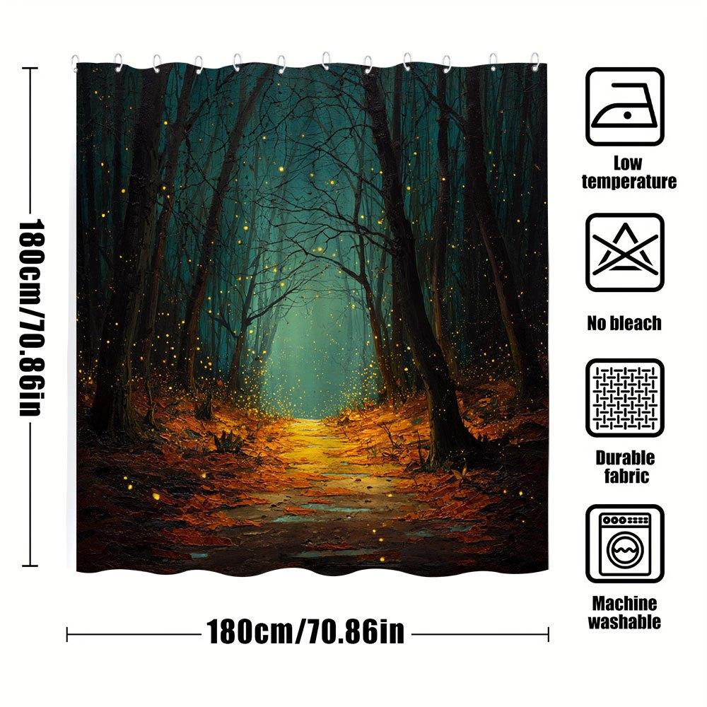 1Pc Magical Night Forest Bathroom Curtain - Enchanted Woodland Shower Curtain With Glowing Firefly Path, Teal Mist,