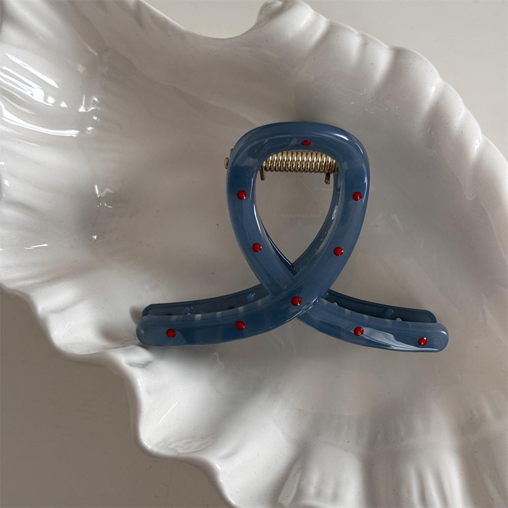 Mist Blue & Red Polka Dot French-Style Claw Clip for Sweet Bun Hairstyles