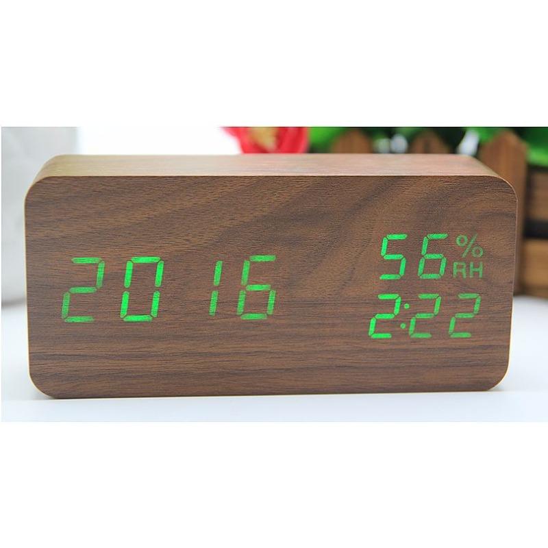 Rectangular Home Bedroom Electronic Temperature and Humidity Alarm Clock USB Voice Control LED Brightness Adjustment Digital Wood Clock