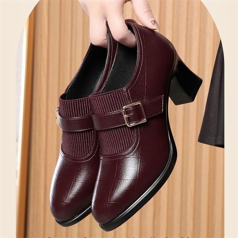 Soft leather thick heel single shoes soft sole non-slip medium heel leather shoes low top