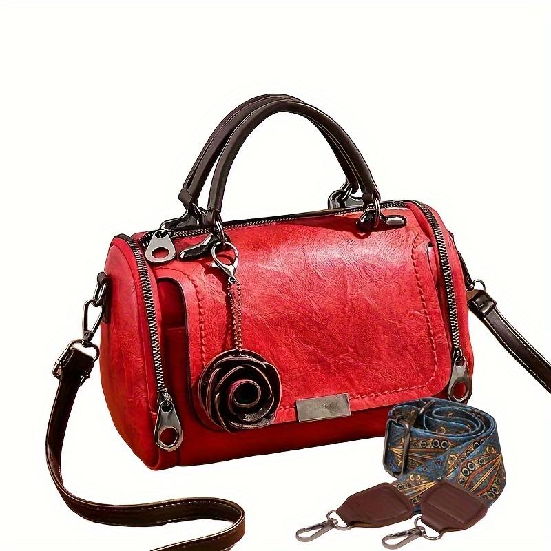 Large Vintage Boston Handbag - Solid Color PU Satchel with Zipper Closure, and Flower Pendant - Perfect for Occasional Use