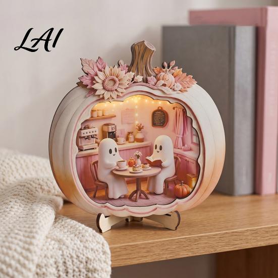 Indoor Fall Tabletop Centerpiece Halloween Ghost Pumpkin Wooden Plaque 2D Flat Sign Gift for Lovers Spooky Bathing Reading Ornament Home Office
