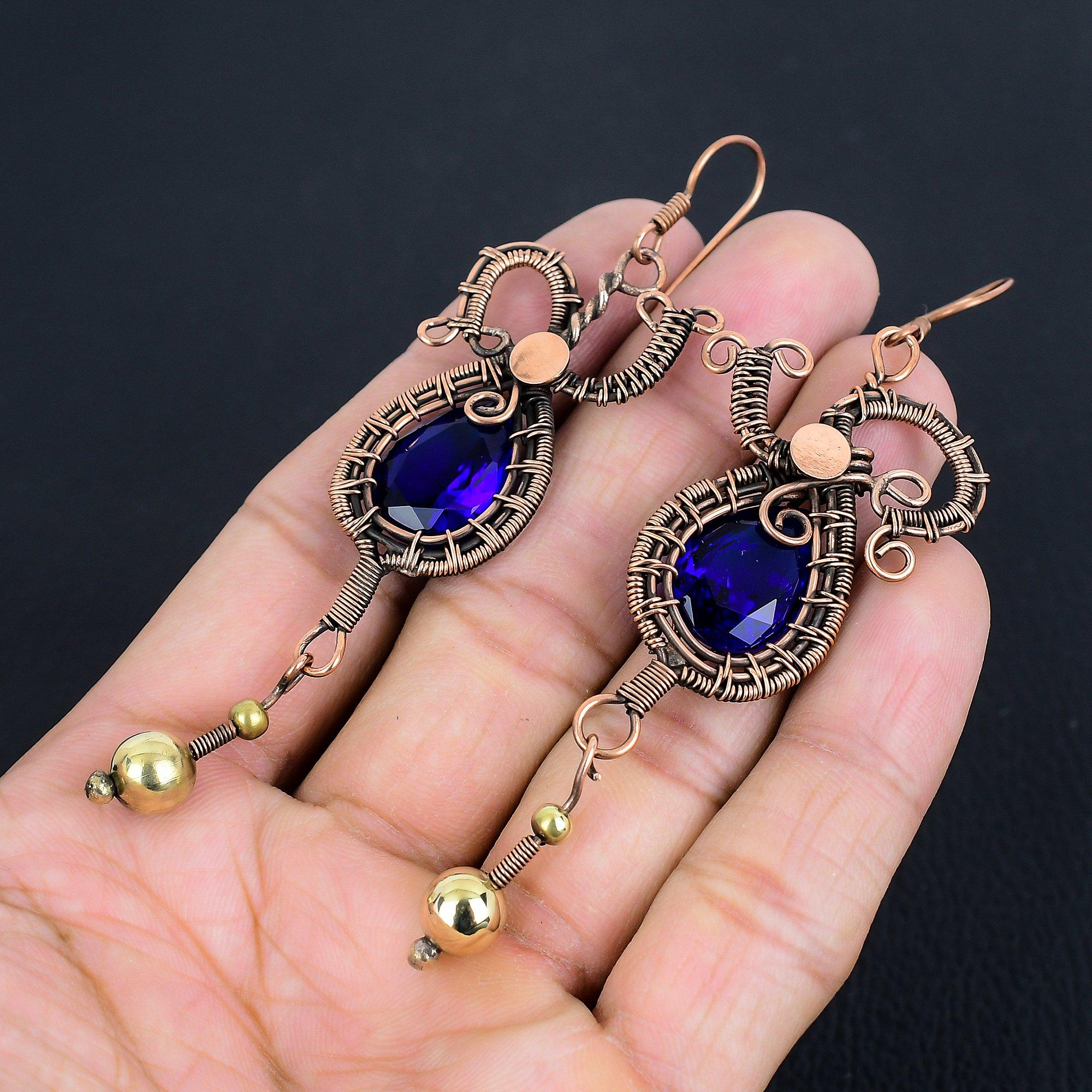 

Серьги с синими сапфирами, Серьги с драгоценными камнями ручной работы, Серьги, обернутые медной проволокой 999 пробы, Антикварные украшения, Для подарка на помолвку 3.55 Inches