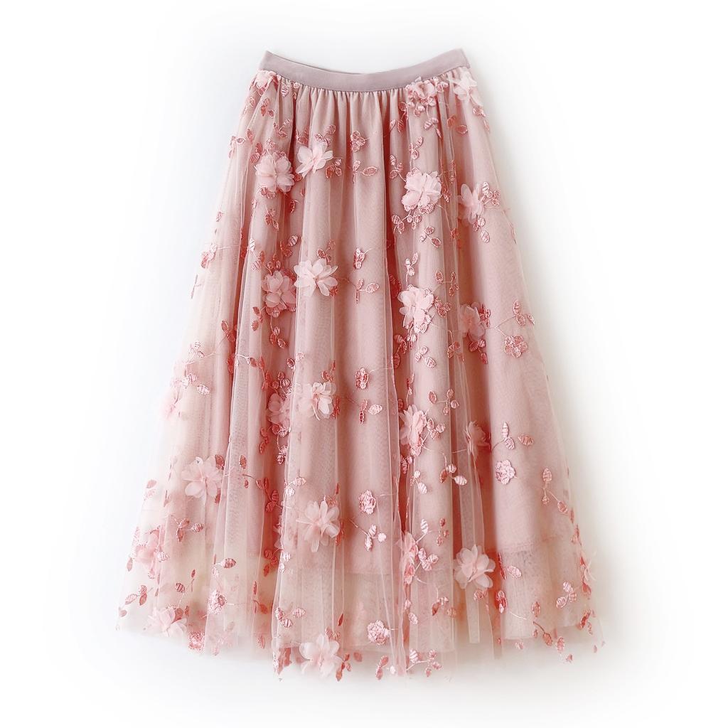 Spring and Autumn Women's Skirt Mesh Embroidery Half-body Skirt Gentle Temperament Mid-length Skirt Fresh Fairy Skirt
