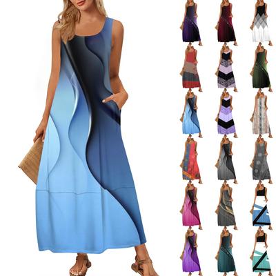 Women's Fashion Casual Maxi Skirt Summer Beach Skirt Round Neck Sleeveless Loose Color Block Stitching Print Sundress
