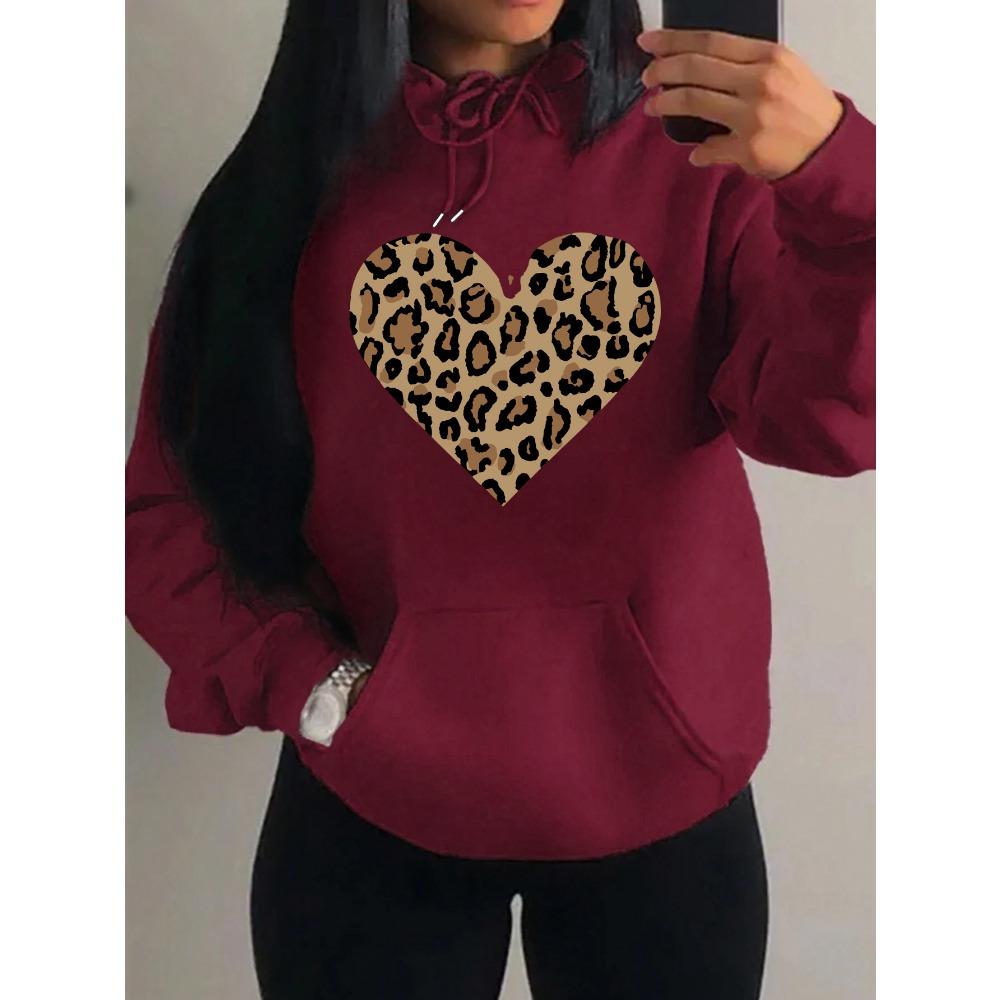 Simple Leopard Print Heart Design Hoody Women Oversize Fleece Hoodies Autumn Hip Hop Sportswear Fashion Clothing