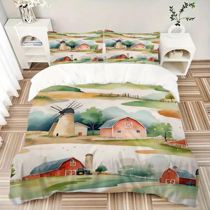 3pcs Serene Countryside Illustration Printed Quilt Set, Includes 1 Quilt Cover and 2 Pillowcases