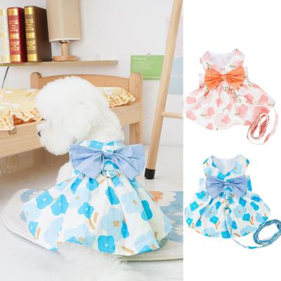 1 Set Haustier Kleid Fliege mit Leine Sommer ultradünne Design Baumwolle Doggy Blumendruck Rock Teddy Kleidung