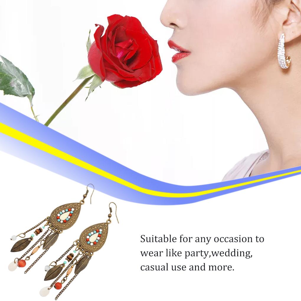 1 Pair Women Girls Oval Leaves Alloy Hook Ear Studs Tassels Beads Long Earrings