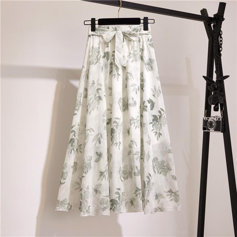 Bohemian Chiffon Half-length Dress for Spring and Summer Mid Length High Waist Fairy Floral Large Swing Skirt Beach Skirt
