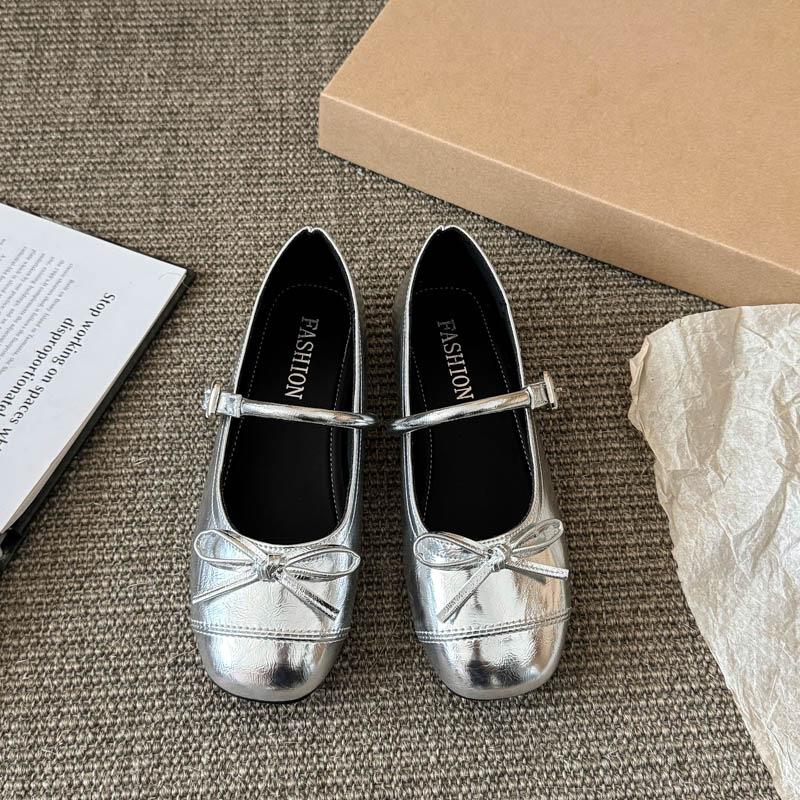 French Round Head Bow Flat Sole Shoes Women's 2025 Summer New Versatile Small Leather Shoes Shallow Mouth Mary Jane Skirt