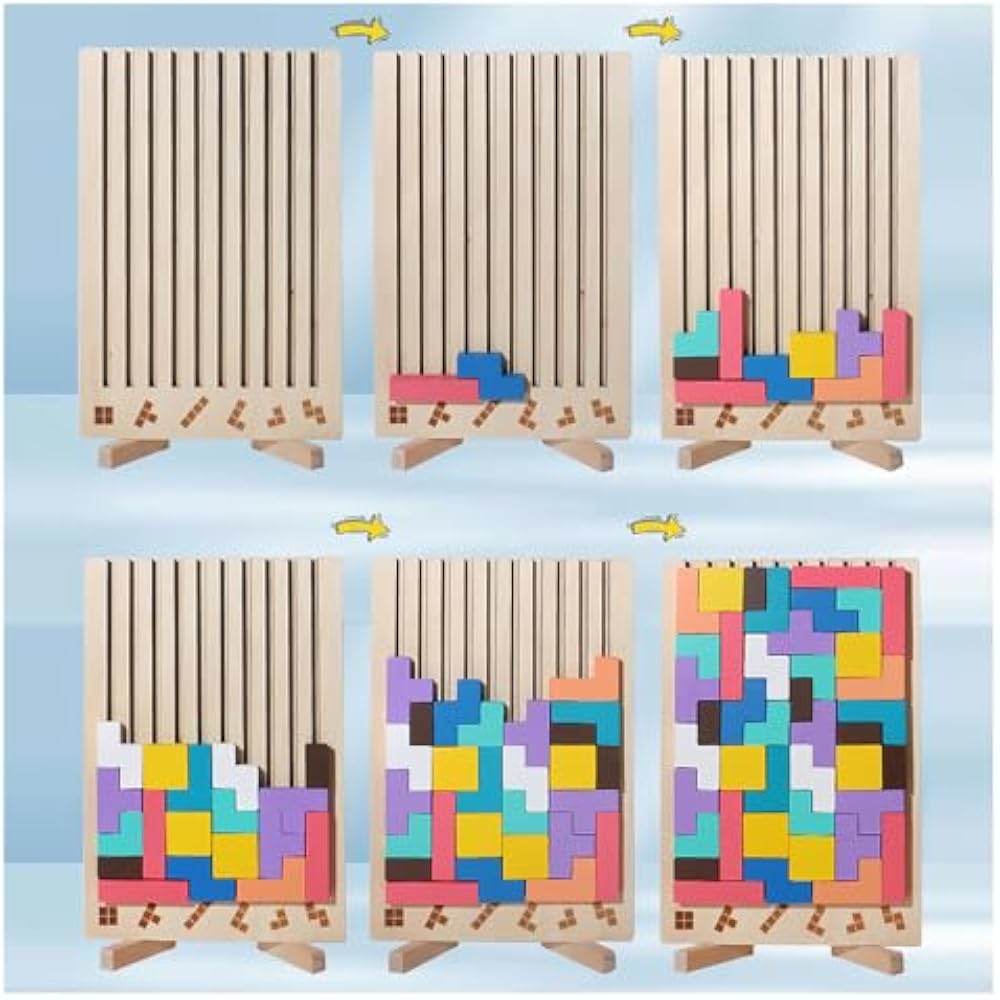 Wooden Tetris Puzzle Toy Game 3D Montessori Building Blocks Educational Puzzle Brain Training Tim...