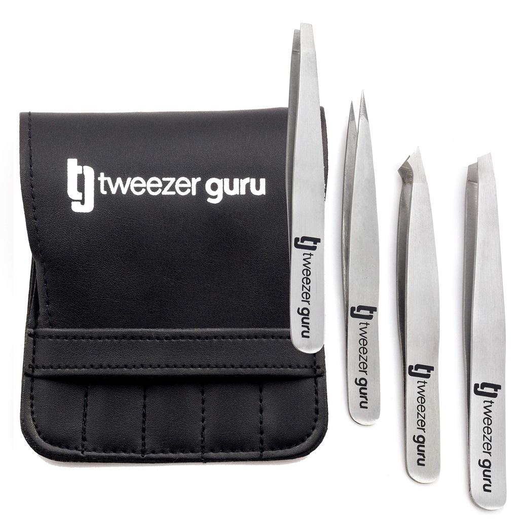 TweezerGuru Precision Stainless Steel Tweezers for Nose and Dead Skin Removal Eyebrows, Hair, Beard, Splinters, Blackheads, (4-Pack)