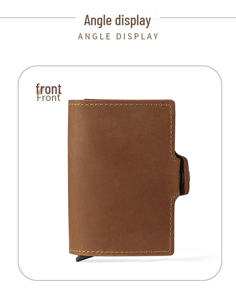 Vintage 2025 Men's Double-Layer Crazy Horse Leather Card Holder with Push-Button Pop-Up and Aluminum Clip