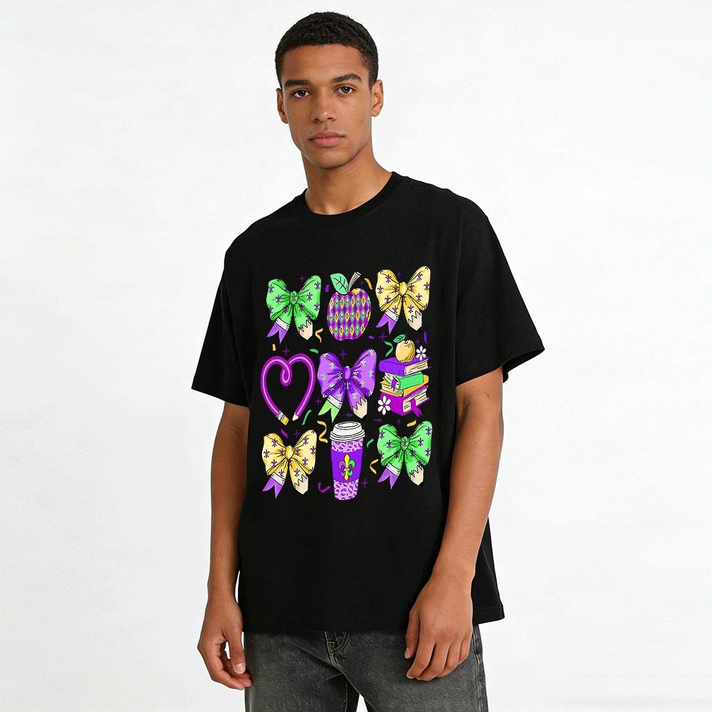 Mardi Gras Bow Pencil Print Top Festive Casual Tee Pure cotton T-shirt