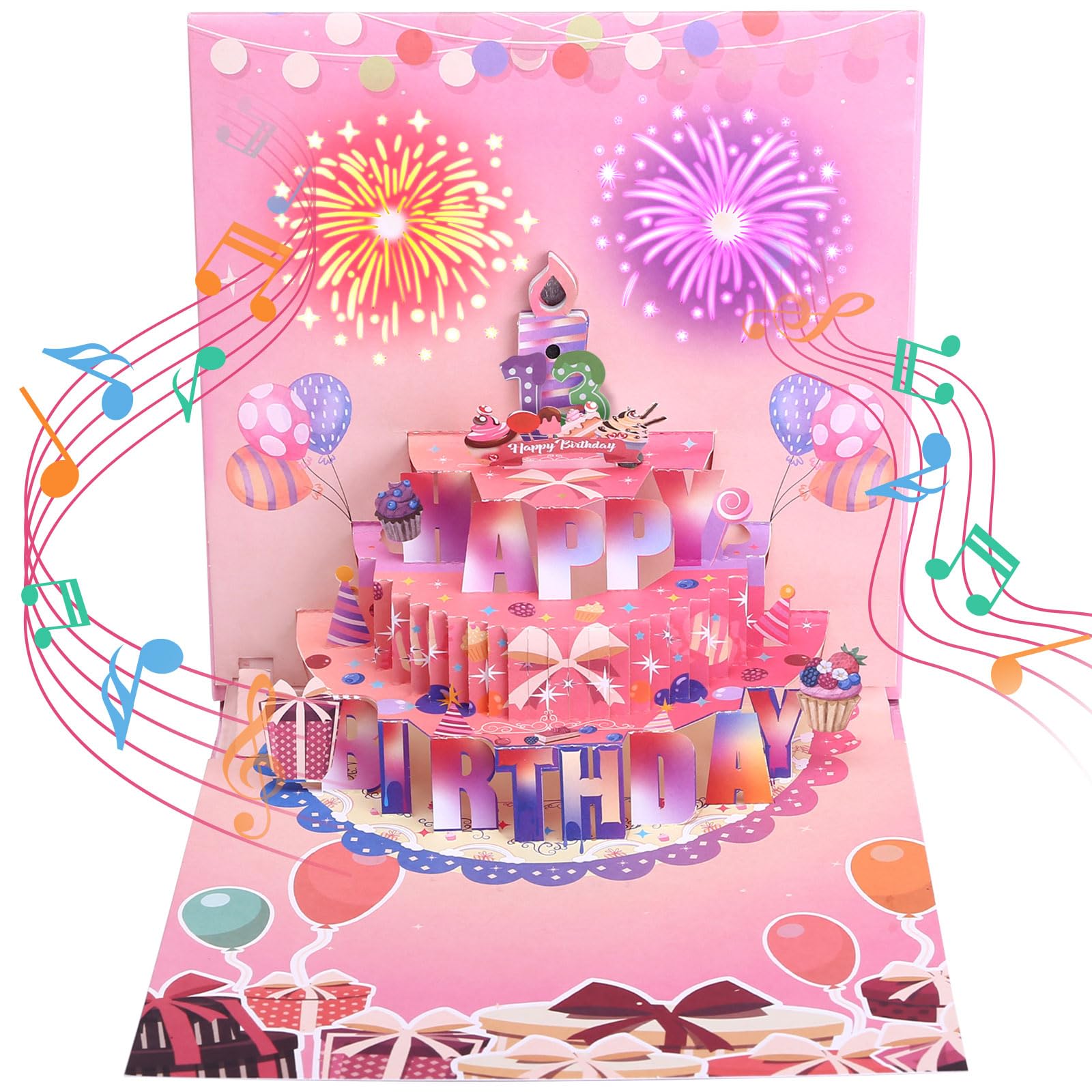 

Kesote Birthday Card for Girls with Melody 3D Birthday Card with when You Cute Pink Light, Pop-Up Card, Music, Color-Changing Blow, Gift, Cake, Card,
