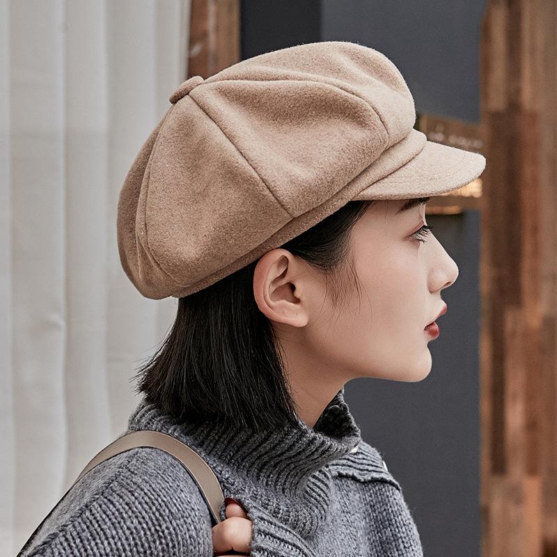 Beret Korean style British woolen octagonal hat autumn and winter cute simple retro versatile camel painter hat
