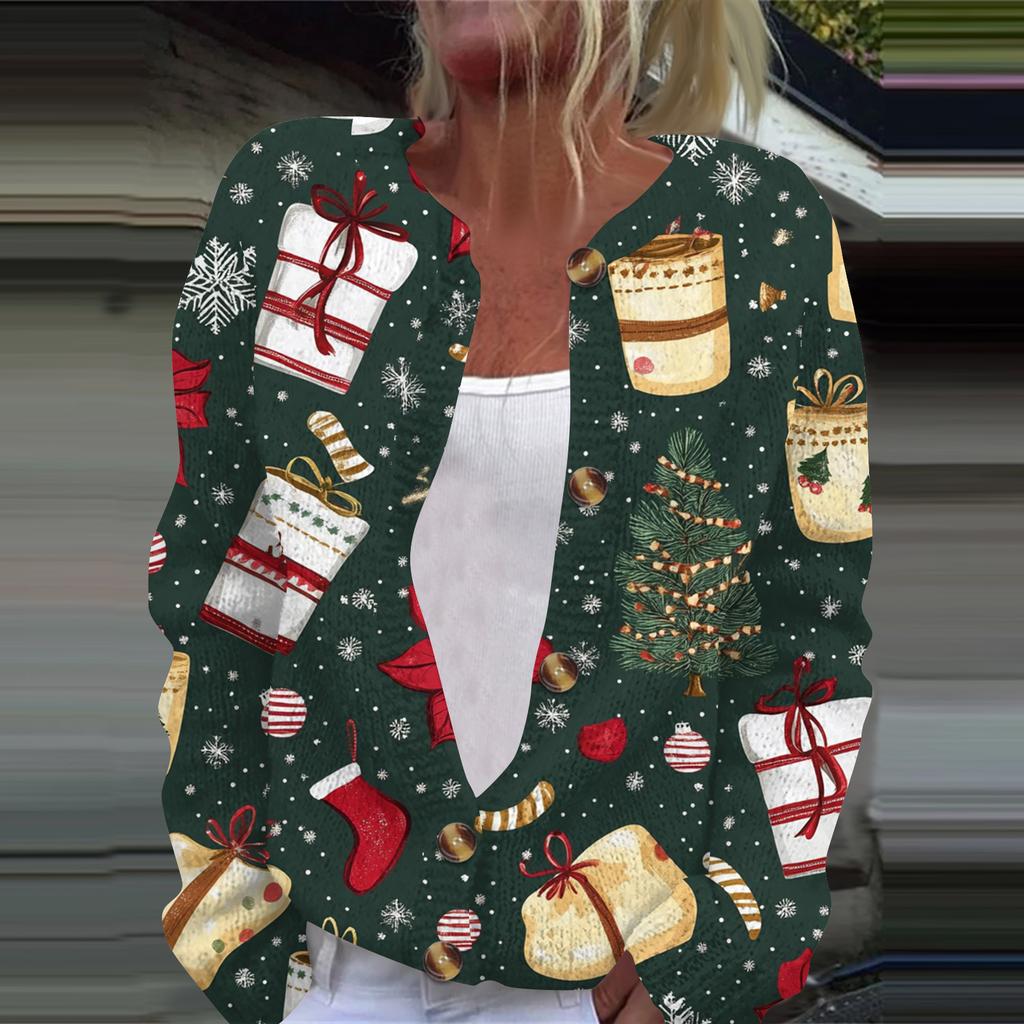 Women's Fashion Printed Long Sleeve Knitted Cardigan Button Down Jacket
