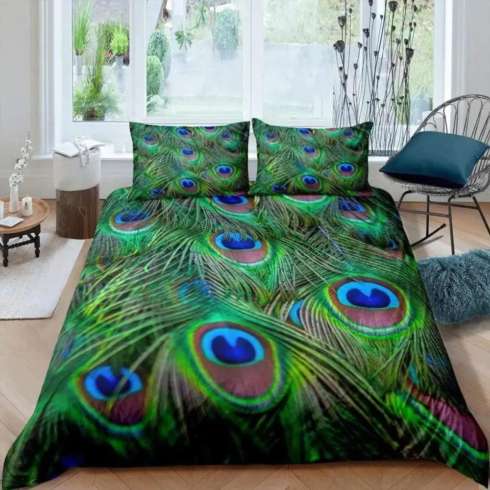 Peacock Feather Duvet Cover Set Full Queen Size Birds Feather Bedding Sets Chic Fantasy Peacock Feathers Comforter Cover