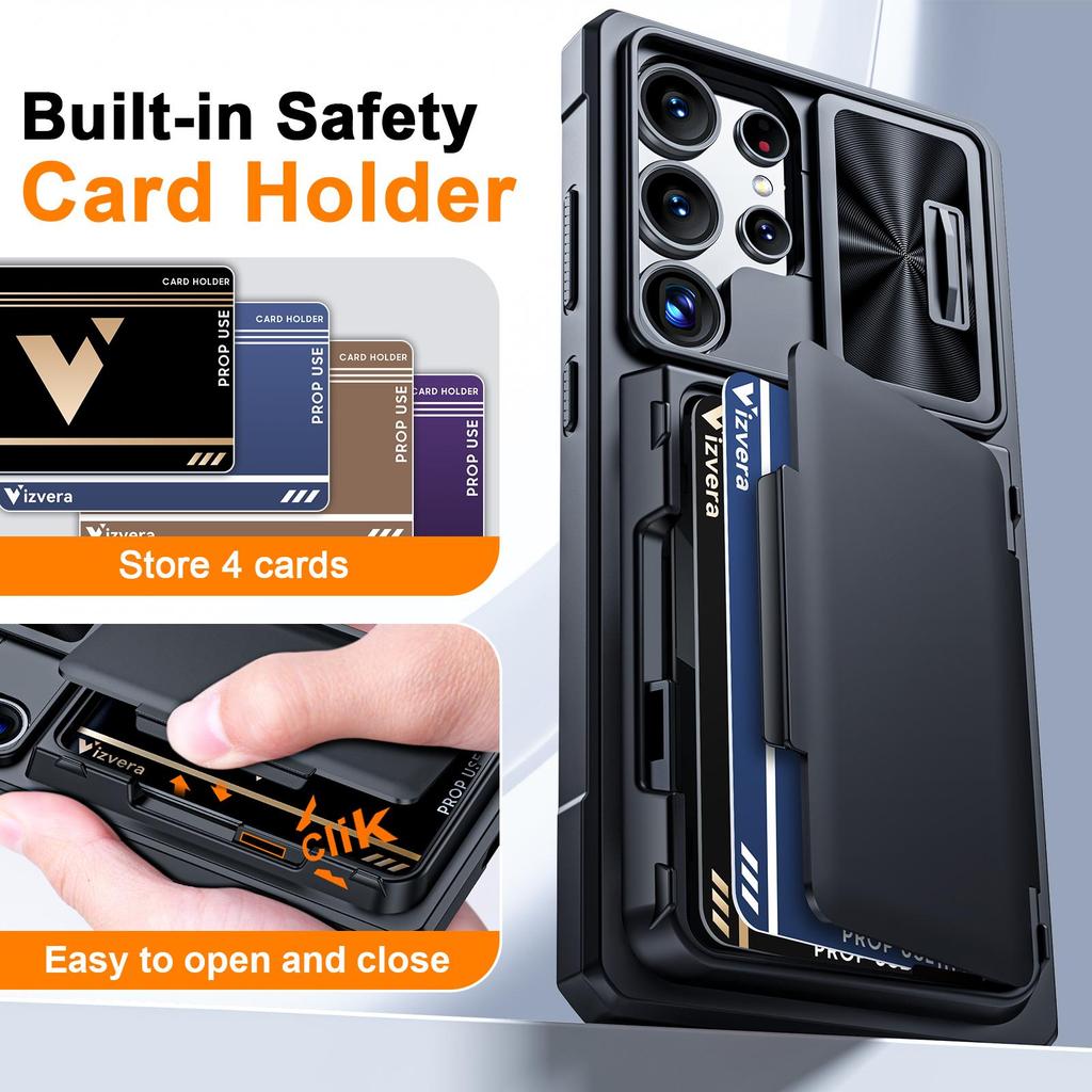 RFID Blocking Wallet Phone Case Slide Camera Cover Military Shockproof PC TPU Protective Cover for Samsung Galaxy S25 Ultra-Black