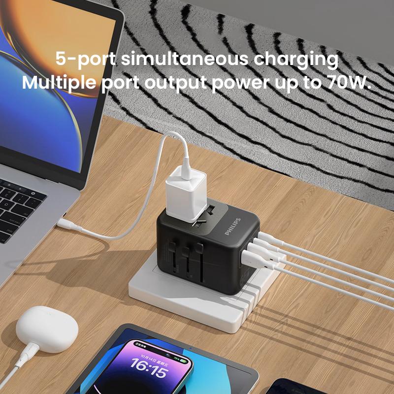 Philips 65W GaN Globaler Reiseadapter Mehrfachausgangsleistung bis zu 70W