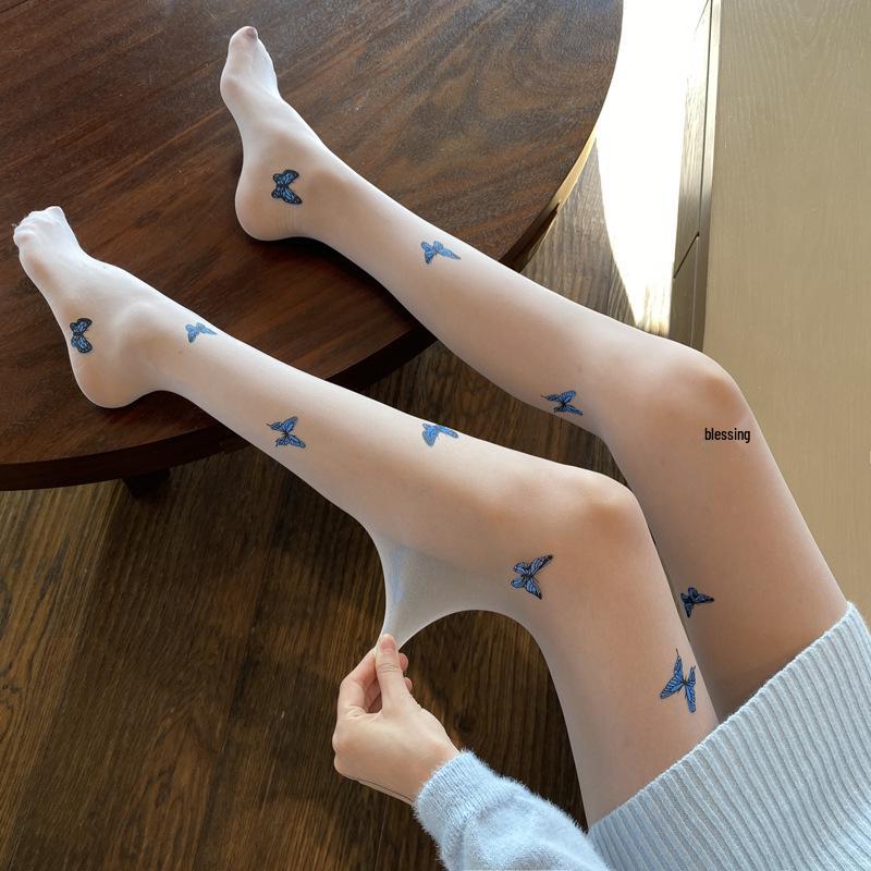 0D Summer Sheer Anti-Snag Lolita Knee-High Stockings with Blue Butterfly Design