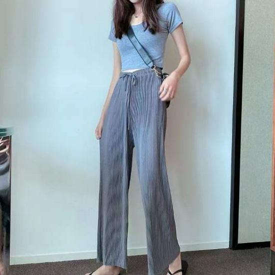 Women's Summer High-Waisted Chiffon Glitter Wide-Leg Pleated Ice Silk Pants