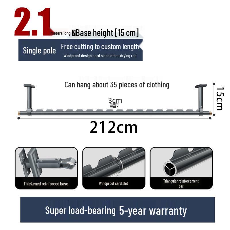 Aluminum Windproof Balcony Drying Rod - Top-Mounted, Hole-Punching Design for Secure Clothes Hanging