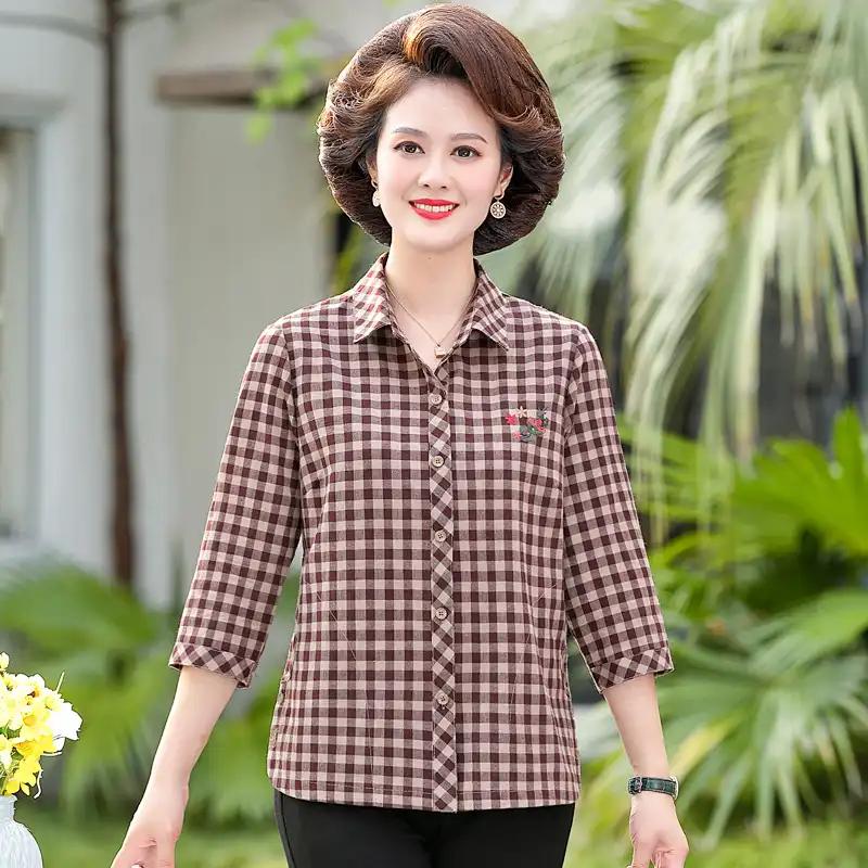 Mom's Shirt Loose Pure Cotton Plaid Modern Style New Spring Summer Three-quarter Sleeve Shirt for Middle-aged Elderly People