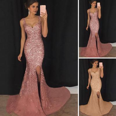 Women Evening Dress Deep V Neck Split Hem Sequin Skinny Fishtail Hem