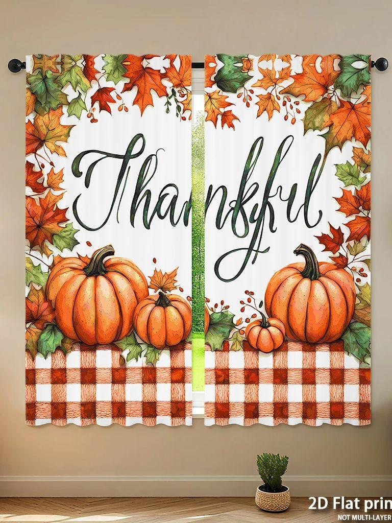 Stück Set Hochauflösende Digital Gedruckte VorhängeErntedankfest Aquarell Kürbisse Karierte Tischdecke HerbstblätterHeim Vorhänge Hergestellt Aus Polyester