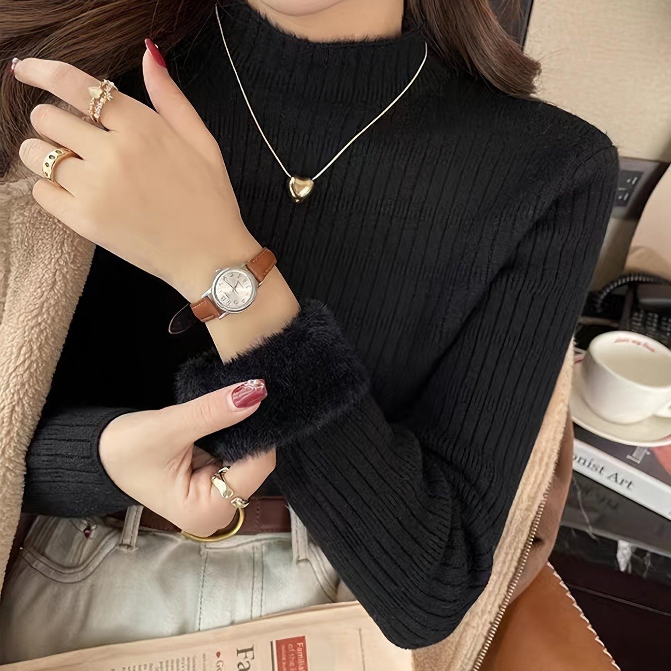 

Уютный флисовый вязаный свитер в рубчик с воротником-стойкой Мягкий, теплый и универсальный повседневный облегающий женский свитер с длинным рукавом — идеально подходит для повседневной носки и особых случаев XXL чёрный