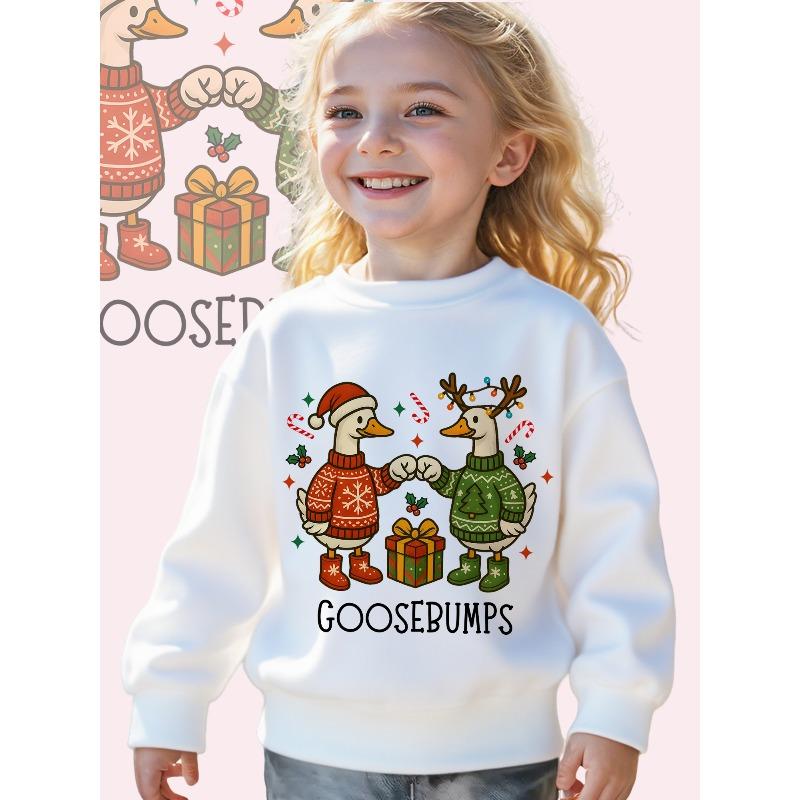 Kids Crewneck Long Sleeve Sweatshirt, Soft Loose Fit Christmas Duck Cartoon Graphic Print 110