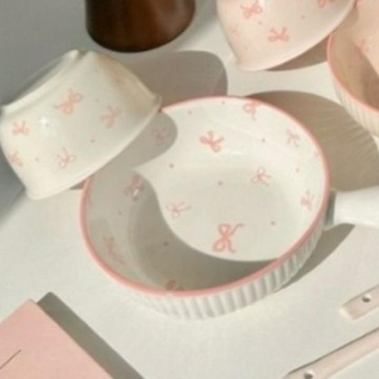 Affascinante Set di Ciotola e Piatto in Ceramica con Fiocco - Stoviglie Carine per Yogurt e Noodles Istantanei