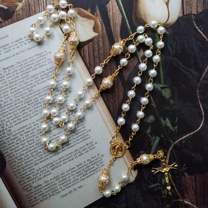 62KD Vintage Pearl Beads Rosary Necklace Jesus Christ Crucifix for Cross Pendant Necklaces for Women Jewelry Charm Prayer Gifts